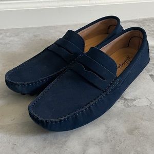 Blue suede penny loafer driving moccasins, size 8